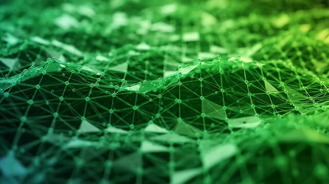 Green Abstract Gradient Mesh Network Background - This abstract background features a dynamic green gradient mesh network with interconnected nodes and triangular facets.