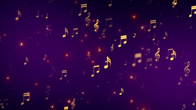golden music notes flying space tuunnel on purple animation,song, music and concert stream social media motion background