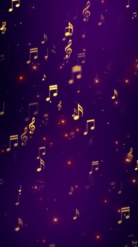 golden music notes flying space tuunnel on purple animation,song, music and concert stream vertical social media motion background