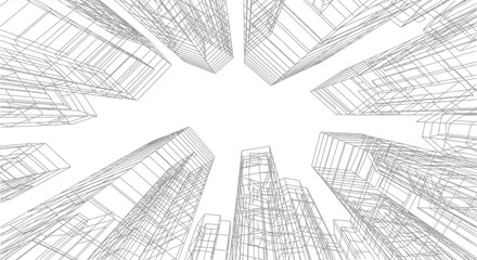Naklejka premium wireframe architecture forms an abstract city of futuristic buildings from a low angle skyscraper perspective for urban design concepts.