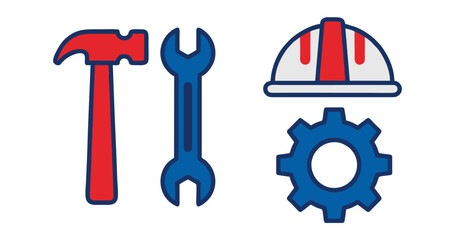 Naklejka premium Industrial construction tools icon set, red hammer and blue wrench vector, safety hard hat and gear symbols for labor and engineering projects