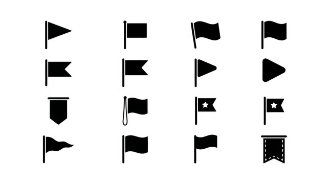 Collection of sixteen black flag in various shapes and styles, including pennants and rectangular flags, on a plain white background, for web