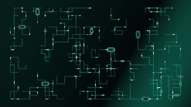 Digital circuit lines moving on dark background animation, horizontal shift, static view, teal glow