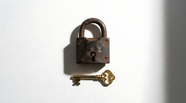 Antique padlock and golden key on a white surface