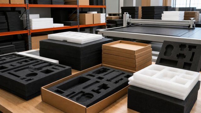 Workspace showing organized foam packaging materials in different shapes and sizes
