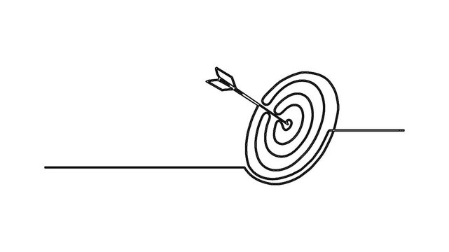 Continuous line drawing of arrow hitting center of target representing success and goal achievement in minimalistic black and white style animation showing progress and precision for business growth.