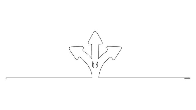 Continuous line drawing animation of three arrows pointing in different directions, representing choice paths, progress, and developmental growth 