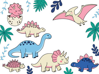 Cute Cartoon Dinosaur Collection with Tropical Leaves Vector Illustration © Archii
