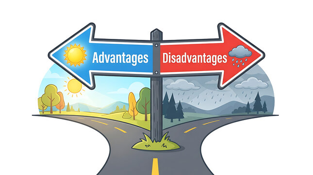 Signpost choosing between advantages and disadvantages on split road