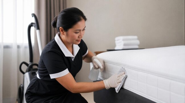 Housekeeper Sanitizing Hotel Mattress in Guest Room