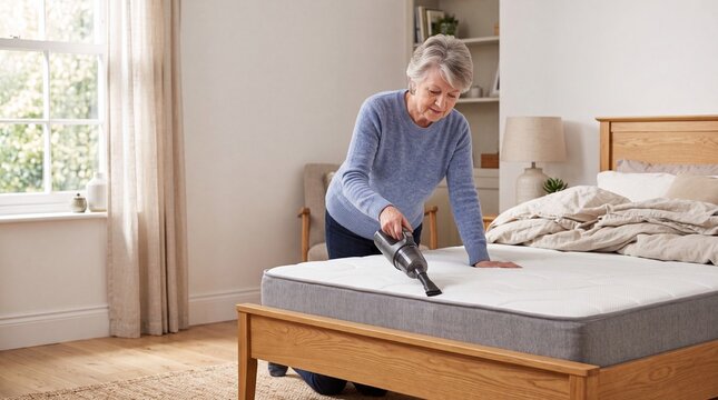 Senior Woman Vacuuming Mattress in Bright Bedroom