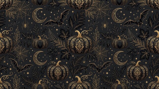 Halloween Pattern Design With Pumpkins Crescent Moons And Botanical Elements