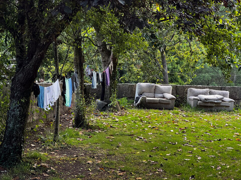 Laundry hanging on a clothesline between trees next to old discarded couches in a grassy yard with fallen leaves in rural Spain
