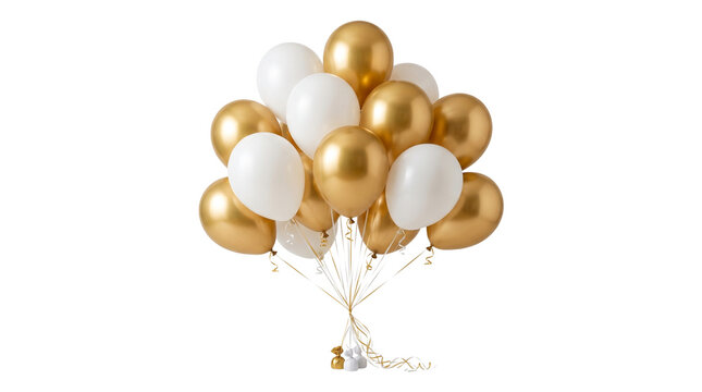 Bunch of golden and white helium balloons tied with ribbon isolated on a transparent background.