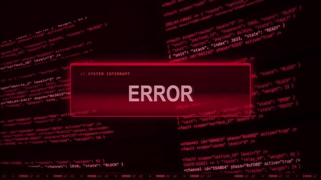 Error message displayed over code background with glowing red overlay, frontal view, system interrupt, terminal code