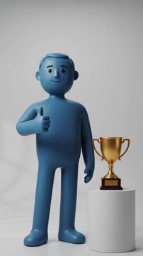 Minimalist 3D Blue Male Character Giving Thumbs Up Beside Gold Trophy on White Podium, Business Success Concept