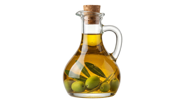 Glass jug of extra virgin olive oil with olives and leaves isolated on transparent background.