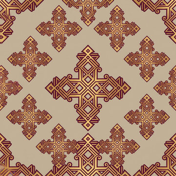 Ethiopian cross seamless diamond lattice pattern in gold and maroon on tan background