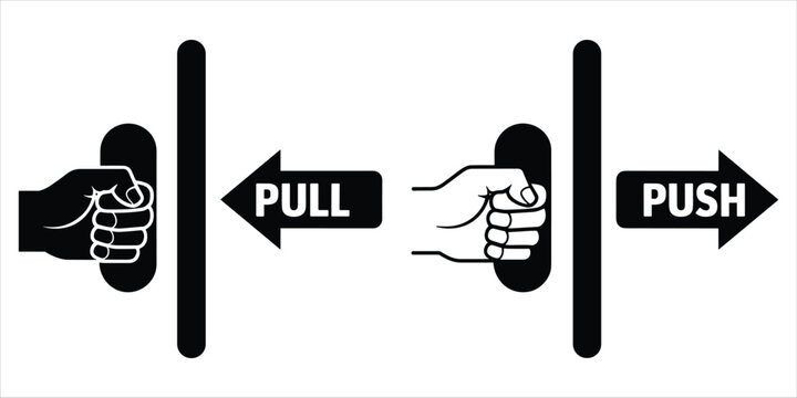 Black and white showing a left hand pulling a door handle and a right hand pushing a door handle with directional arrows and text