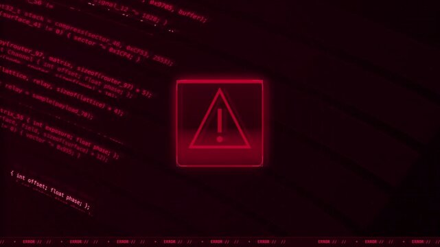 Warning icon flashing over code background with glitch effect, pulsing, centered, red