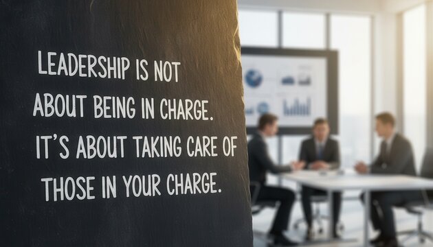 Inspirational Quote on Leadership and Responsibility in Modern Office Setting with Business Professionals Collaborating in Background