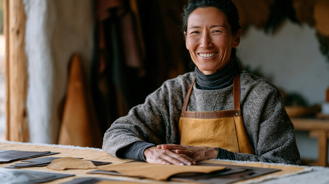 A glove maker seated alone in a modest home workshop, genuine laughter creasing her face as a miscut leather piece falls awkwardly, cutting templates scattered across the table,