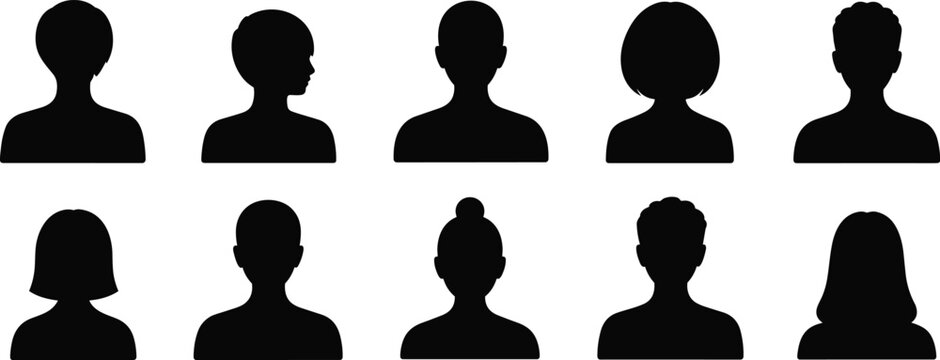 Diverse collection of black silhouettes representing various human head and shoulder profiles with different hairstyles keywords