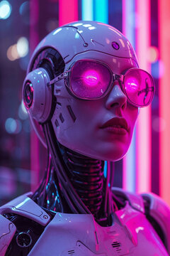 White fembot glasses luminous pink eyes neon technology