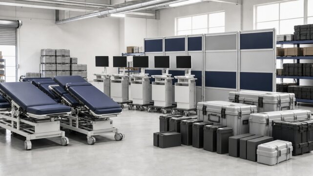 Medical equipment setup in a warehouse with tables, monitors, and storage boxes