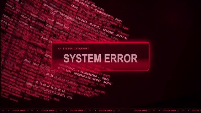 System error message over scrolling red code on dark interface motion blur, centered view, glitch, no people