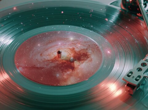 Vinyl record with a galaxy nebula design spins on a turntable