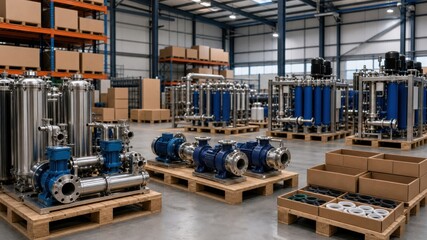Fototapeta premium Factory with equipment and machinery arranged on wooden pallets inside a warehouse