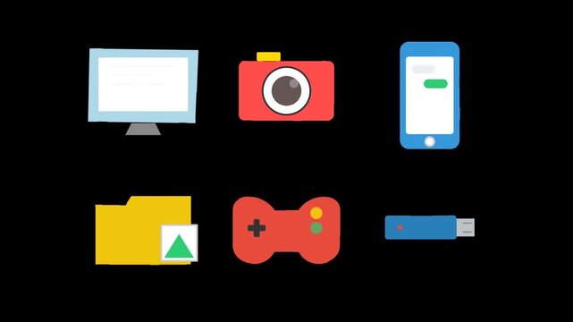 Colorful flat design icons for technology and digital devices.