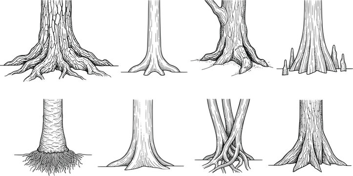 Set of tree trunk base illustrations with different root systems and bark textures