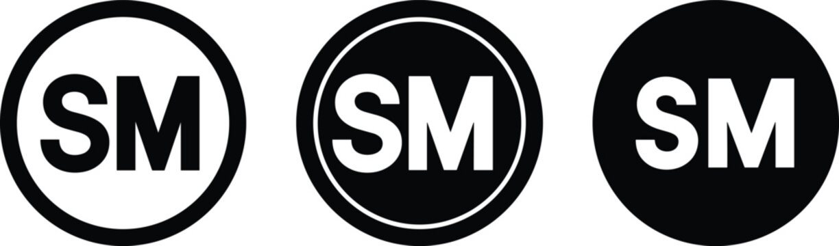 Service mark sm symbol variations: three black and white circular featuring the letters "sm" for service mark, including a white
