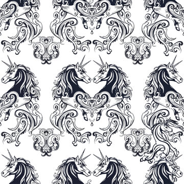 unicorn pattern seamless background vintage illustration of fantasy creatures in an elegant decorative design.