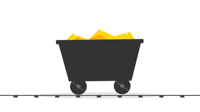 Mining cart filled with golden rocks on tracks.