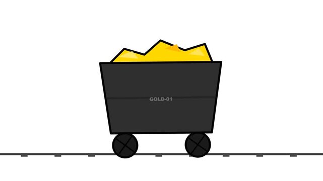 Black mine cart filled with yellow gold nuggets on tracks.
