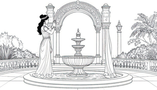 Outline of a decorative balustrade with lush foliage and a fountain base