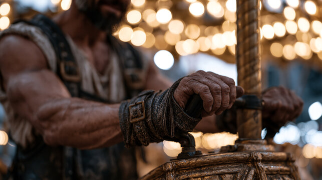 A carnival ride operator at candlelit fairground close up, hands gripping the control lever of an aged carousel mechanism, unfiltered morning face energy translated into night