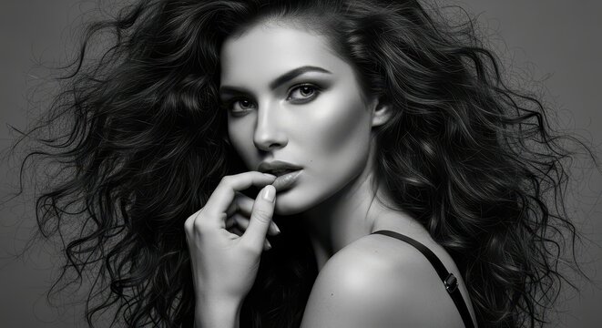 Stunning Black and White Portrait of a Beautiful Woman with Long Voluminous Curly Hair and Sensual Expression