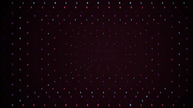 Binary digits flowing inward in digital tunnel with depth perspective, receding motion, perspective view, neon