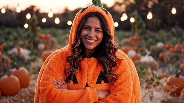Woman in Playful Pumpkin Costume at Autumn Field - A young woman with a playful expression winks at the camera while wearing a fluffy orange pumpkin costume.