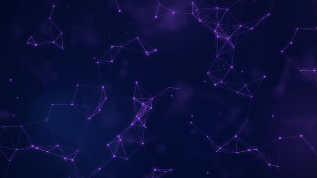 Abstract network nodes drifting on dark background with morphing links, static view, purple, glowing nodes