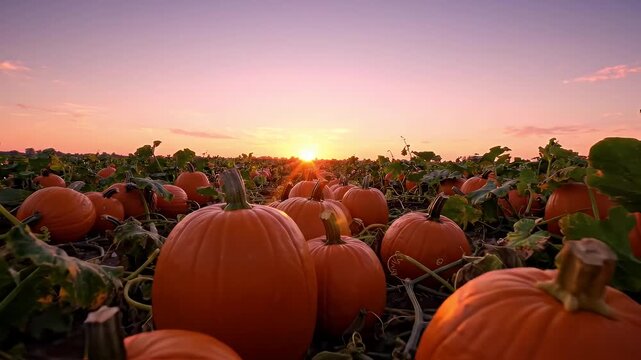 Pumpkin Patch at Sunset - Rows of bright orange pumpkins stretch across a field, bathed in the warm glow of a setting sun.