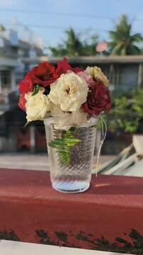 Red and white roses bloom in glass vase on red railing