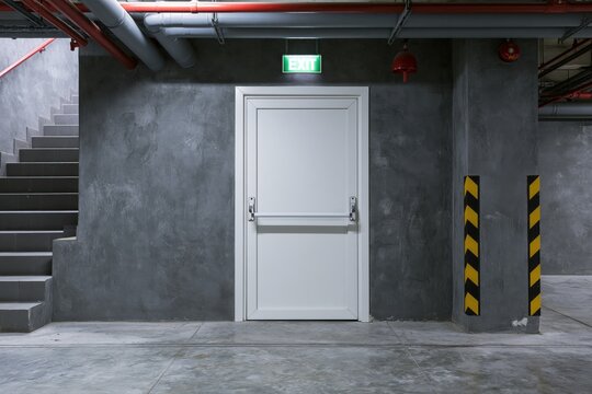 The exit door in a dim industrial basement under gray concrete walls
