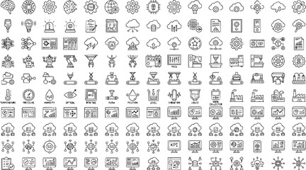 Obraz premium Industrial automation and smart technology icon set. Vector line art symbols for sensors, IoT, robotics, and data monitoring systems.