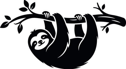 Cute sloth hanging from branch silhouette vector icon isolated on white background © Hitoishee