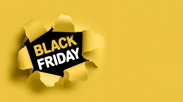 Black friday sale text revealed through a torn hole in a yellow paper background with copy space